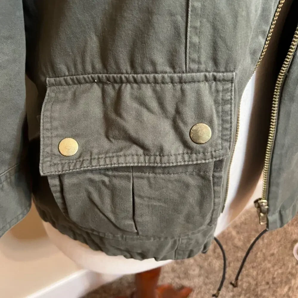 Apostrophe utility jacket khaki green cotton fully lined 3/4 sleeve pockets Sz S